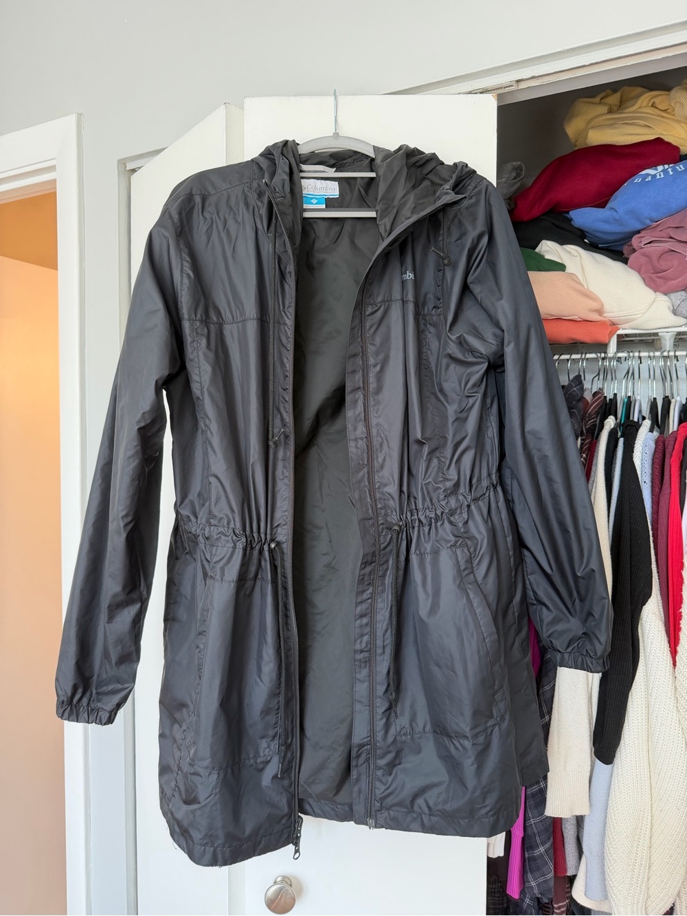 Black Women's Hooded Trench Coat with Drawstring Waist